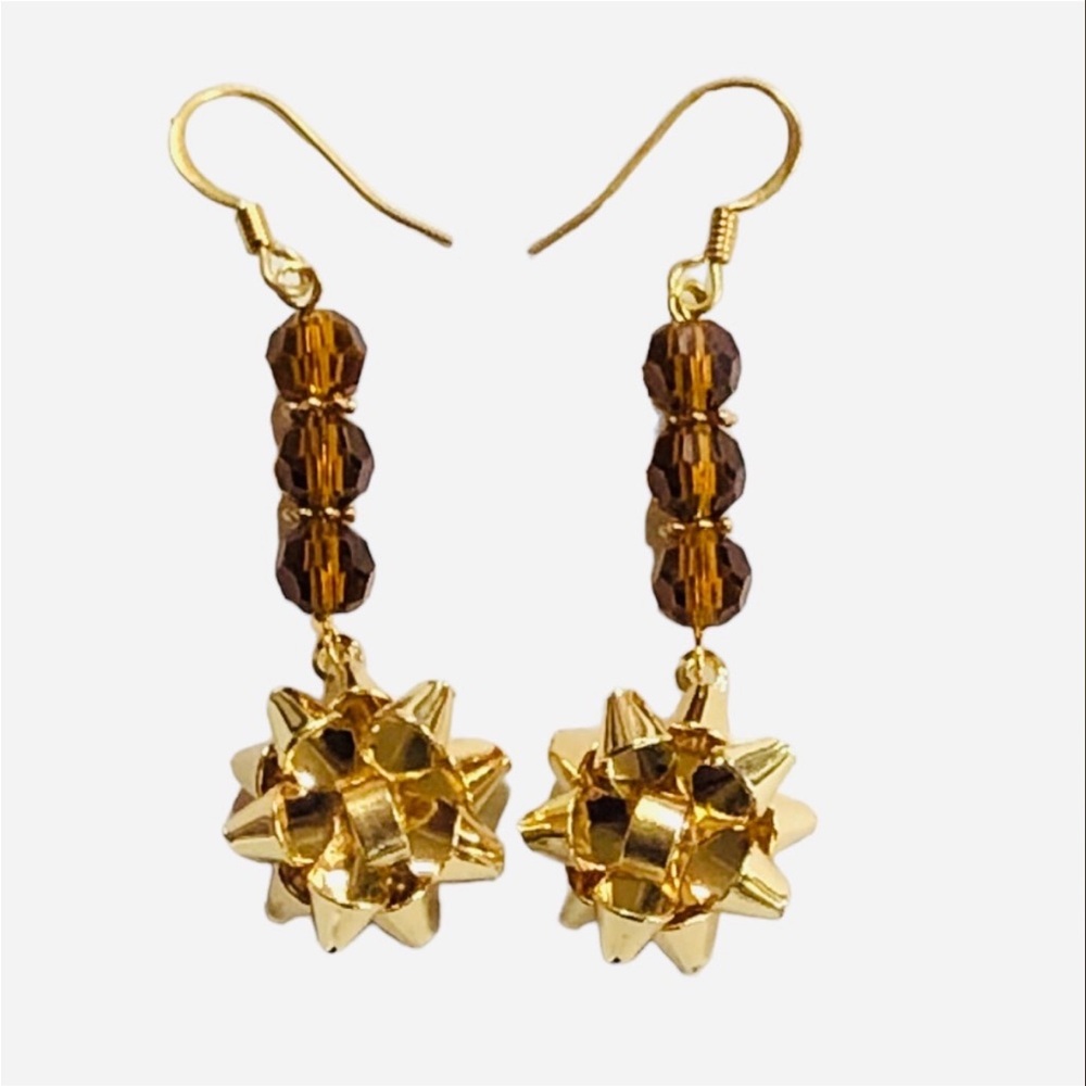 HANDMADE Unbranded GOLD Metallic GIFT Bow And Brown Glass Crystal Bead Earrings